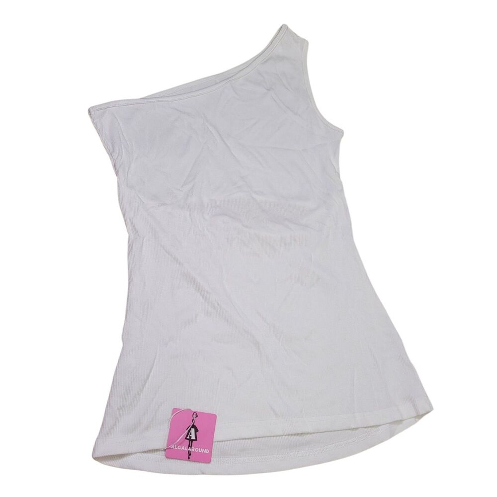 Women White Ribbed One Shoulder Sleeveless Back Cutout Stretch Tank Top Large